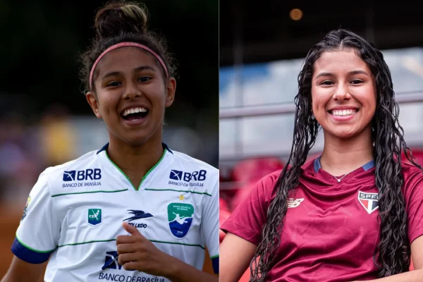 Imagem colorida mostra a jogadora Vitorinha em dois momentos