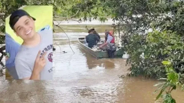 Montagem colorida mostra foto de jovem que morreu afogado no rio Arunas. representado ao fundo