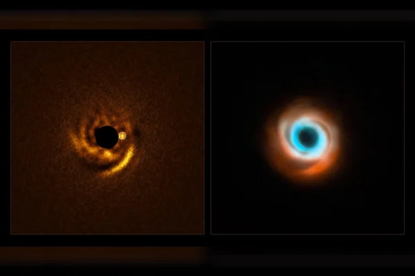 A imagem à esquerda, obtida com o Very Large Telescope (VLT) do ESO, mostra um possível planeta nascendo em torno da jovem estrela HD 135344B. Esta estrela, localizada a cerca de 440 anos-luz de distância, é cercada por um disco de poeira e gás com braços espirais proeminentes. A teoria prevê que os planetas podem esculpir braços espirais como estes, e o novo candidato a planeta está localizado na base de um dos braços, exatamente como esperado. A imagem foi capturada com um novo instrumento do VLT: o Enhanced Resolution Imager and Spectrograph (ERIS). O círculo preto central corresponde a um coronógrafo – um dispositivo que bloqueia a luz da estrela para revelar detalhes tênues ao seu redor. O círculo branco indica a localização do planeta. A imagem à direita é uma combinação de observações anteriores obtidas com o instrumento SPHERE, também no VLT (vermelho) e no Atacama Large Millimeter/submillimeter Array (ALMA, laranja e azul). Estes e outros estudos anteriores de HD 135344B não encontraram assinaturas de uma companheira, mas o ERIS pode ter finalmente revelado o culpado pelo disco espiral da estrela.