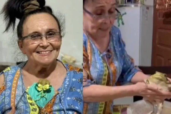 Montagem com duas fotos coloridas de uma mulher idosa com um sapo - Metrópoles