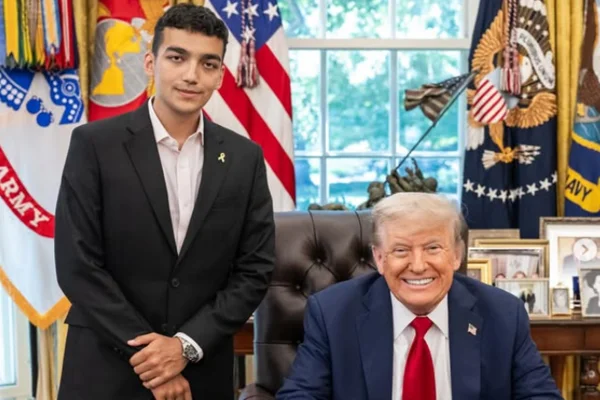 Imagem colorida de Trump e refém do Hamas - Metrópoles