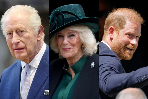 Montagem com três fotografias, sendo o rei Charles, a rainha Camilla e o príncipe Harry - Metrópoles