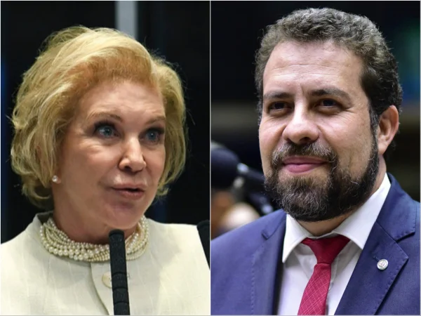 Montagem mostra fotos em close dos rostos de Marta Suplicy, mulher branca, loira de olhos azuis, vestindo tailer claro, e Guilherme Boulos, homem branco, de cabelo e barba castanhos, vestindo terno azul e gravata vermelha