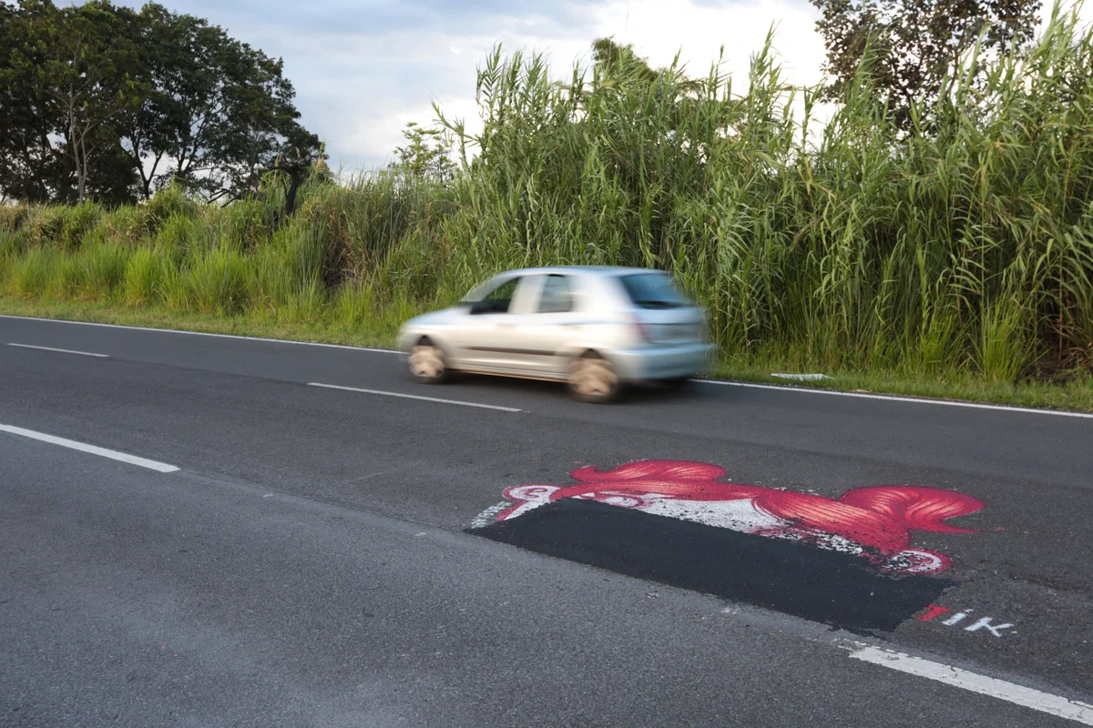 Arte sob o asfalto: obra de Omik na L3 Norte foi tapada Arte sob o asfalto: obra de Omik na L3 Norte foi tapada