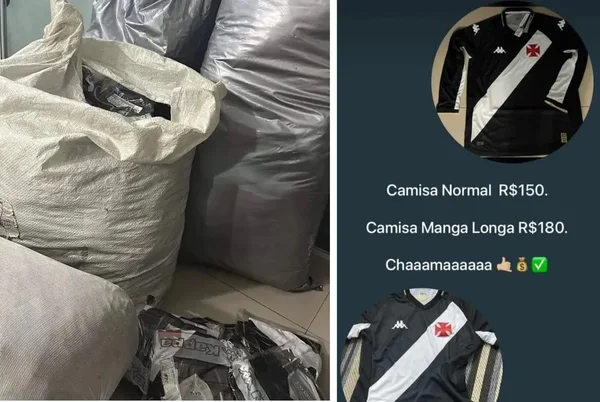 Imagem colorida de camisas do Vasco sendo vendidas na internet - Metrópoles