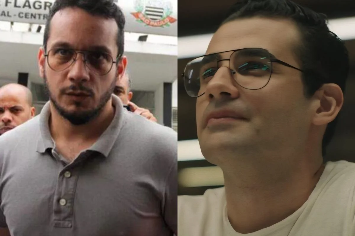 Montagem de imagens mostra Gil Rugai na vida real (à esquerda) e Gil na série Tremembé, do Prime Video (na direita)