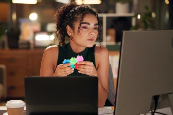Mulher em frente ao computador com um brinquedo pop-up - Metrópoles