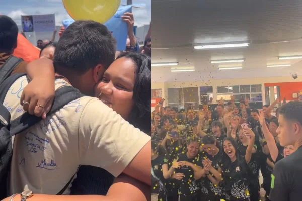 montagem colorida com prints do vídeo dos filhos encontrando os pais