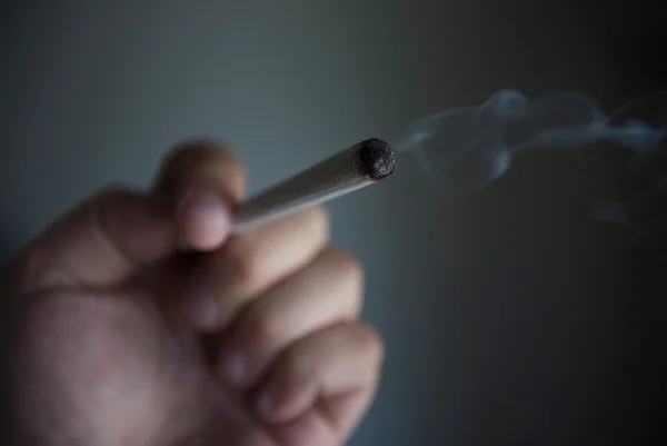 Foto colorida de mão segurando cigarro de maconha - Metrópoles