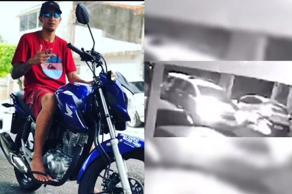 Montagem com uma foto colorida mostrando um homem jovem em cima de uma moto, junto com uma imagem em preto em branco mostrando uma viatura policial colidindo com uma moto - Metrópoles