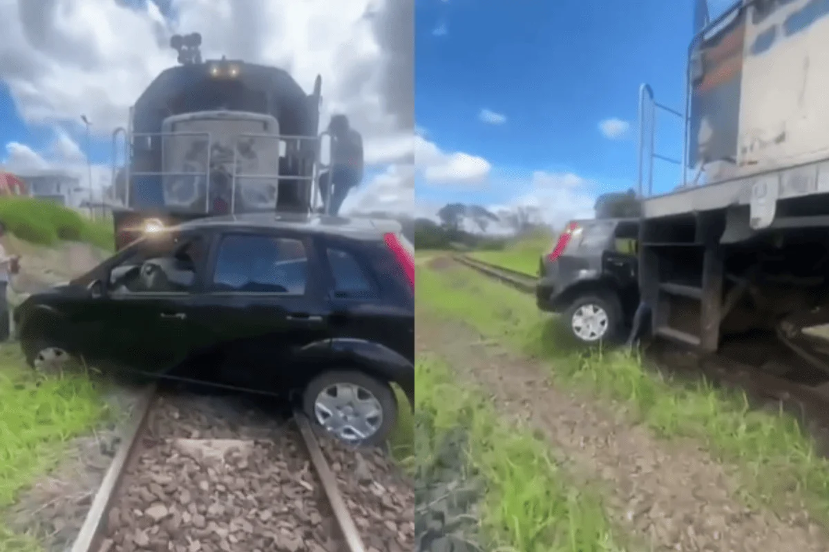 Motorista idosa tem carro atingido por trem e arrastado por 100 metros