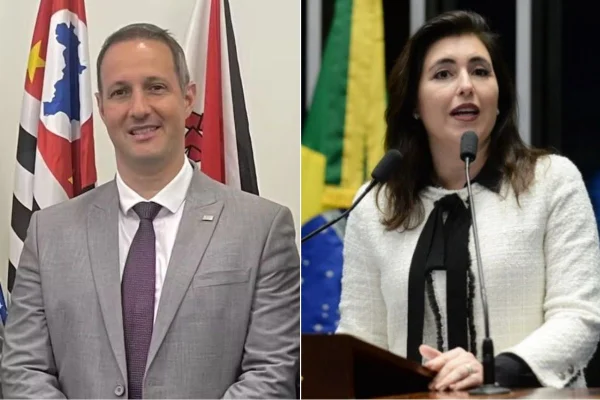 Imagem colorida mostra Guilherme Derrite e Simone Tebet. Metrópoles
