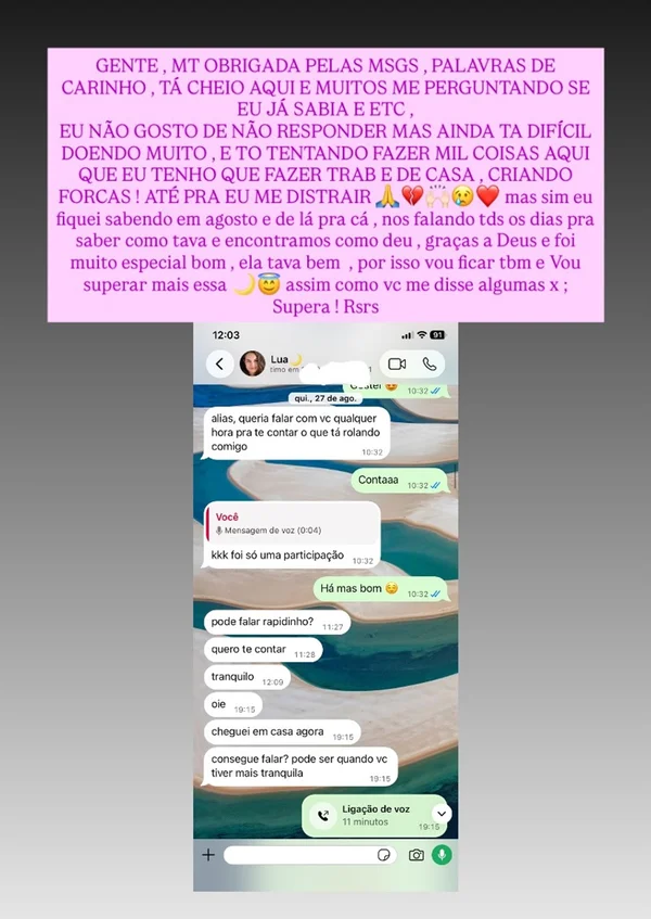 Amiga de Lua Blanco emociona ao lembrar última conversa das duas: “Juntas” - destaque galeria Amiga de Lua Blanco emociona ao lembrar última conversa das duas: “Juntas” - destaque galeria