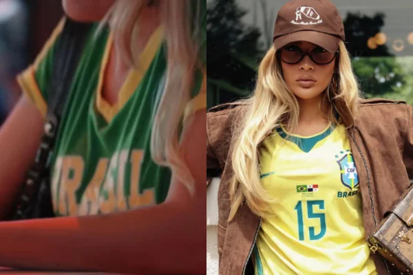 Montagem colorida de Karoline Lima no vídeo de Léo Pereira e de Karoline usando a camisa 15 de Léo na Seleção Brasileira - Metrópoles