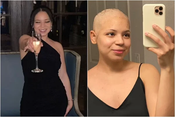 Imagem colorida de mulher com taça de bebida e em frente ao espelho de cabeça raspara - Metrópoles