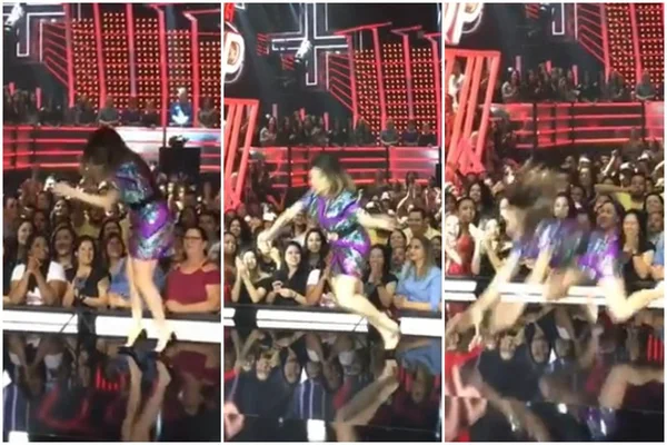 Vídeo. Humorista se enrosca no próprio pé e leva tombo no Só Toca Top