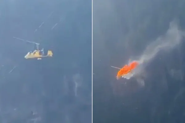 Montagem com fotos coloridas do momento em que aeronave atinge fios de teleférico e pega fogo - Metrópoles
