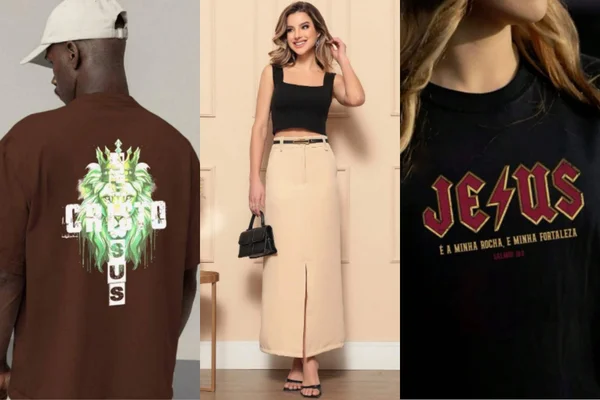 A montagem mostra três imagens sendo, da esquerda para a direita, um rapaz de camisa marrom com uma estampa verde nas costas, uma mulher de top preto e saia longa e uma camisa estampada com o nome de jesus