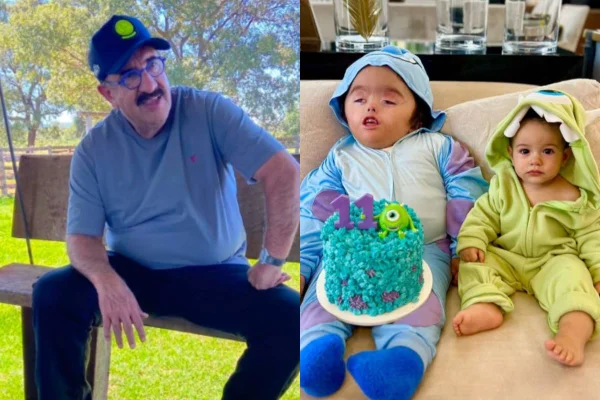 Montagem colorida de Ratinho com os netos, Noah e Davi - Metrópoles