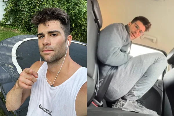 Foto mostra o youtuber Lucas Ball, o Focused Lucas, em uma montagem lado a lado: primeiro em uma regata branca e ao lado em um carro agachado como parte de seu desafio de não se sentar