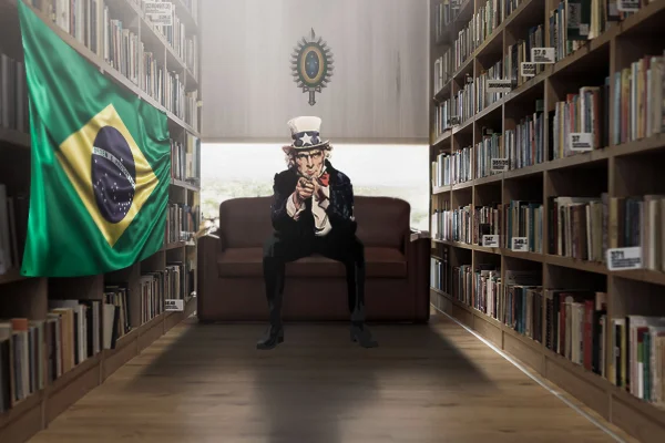 Montagem mostra biblioteca, bandeira do Brasil e Tio Sam dos EUA - Metrópoles