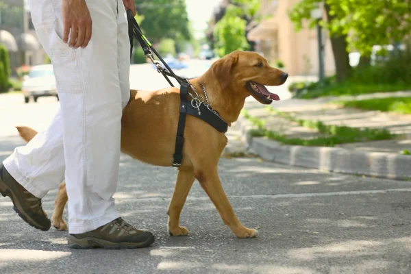 Cão de assistência ajudando o dono a atravessar via em segurança - Metrópoles