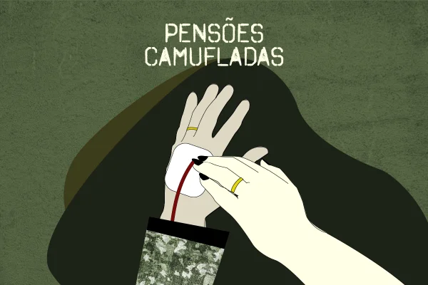 ilustração de mão de militar com aliança e mão de mulher com aliança, pensão