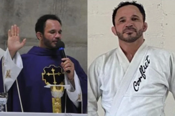 Imagem colorida de montagem com o padre de um lado trajado de sacerdote e do outro com quimono. Metrópoles