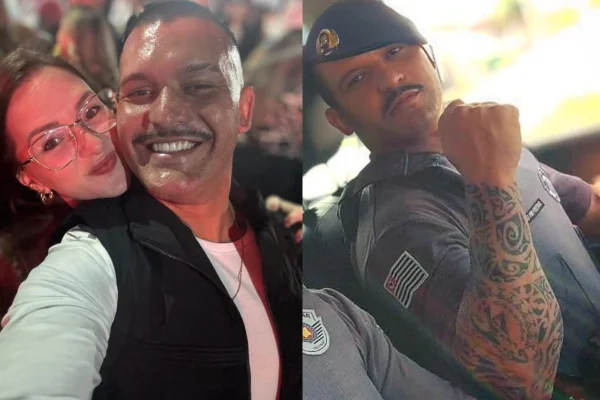 Sarah Paschoarelli e Alan Roberto de Freitas Silva, cabo da PM morto após engasgar com pedaço de frango. - Metrópoles