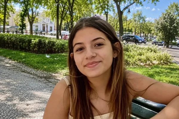 Foto colorida de menina sentada em banco em praça - Metrópoles