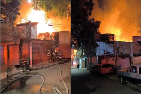 Imagem colorida mostra incêndio em Paraisópolis. Metrópoles