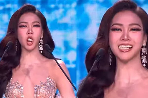 Kamolwan Chanago, candidata do Miss Grand Thailand 2026, perdeu os dentes postiços ao vivo no meio do concurso