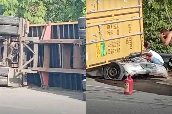 Carreta tombada e carro esmagado em rodovia - Metrópoles