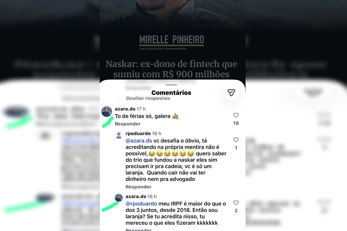 "Se tu acredita nisso, mereceu o que fizeram", escreveu Douglas em resposta a um suposto cliente da Naskar que o criticou "Se tu acredita nisso, mereceu o que fizeram", escreveu Douglas em resposta a um suposto cliente da Naskar que o criticou