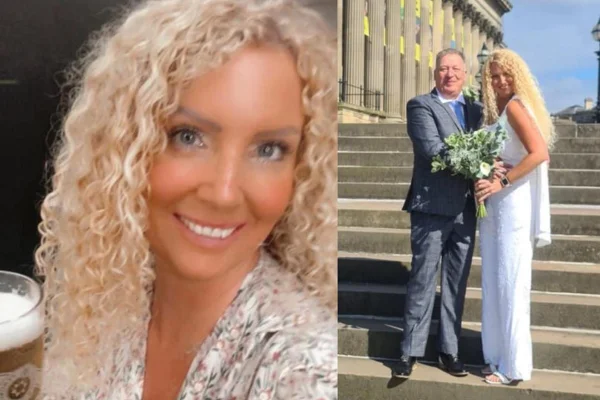 Imagem da esquerda mostra Jo Shaw Pyke, uma mulher com cabelos cacheados e loira sorrindo em uma selfie. Na imagem da direita mostra Shaw com o marido no dia do casamento