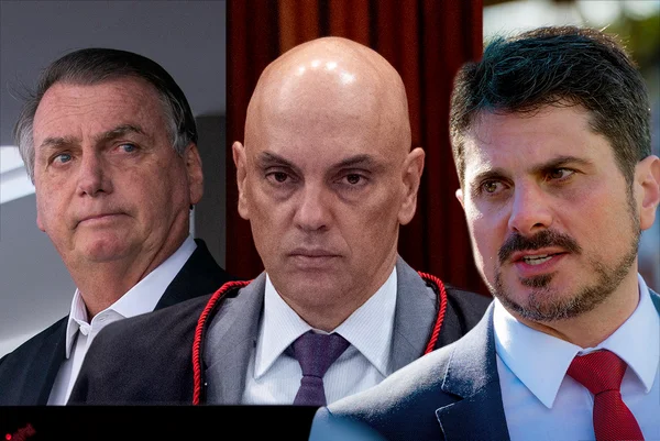 Arte sobre foto de Jair Bolsonaro, Alexandre de Moraes e Marcos do val