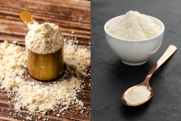 Foto colorida - scoop de whey protein e um pote de colágeno