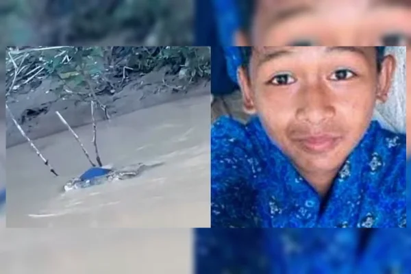 Imagem colorida de adolescente arrastado por crocodilo