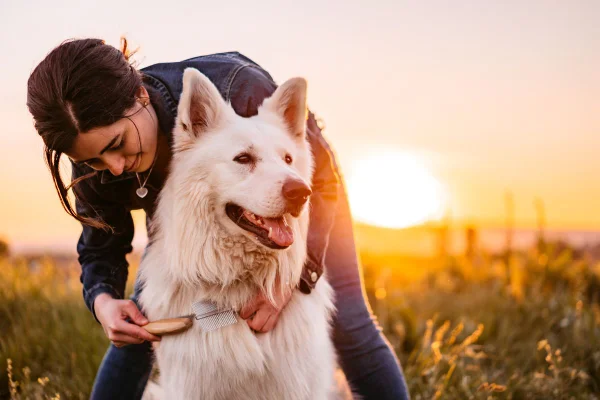 Imagem de mulher com cachorro, cadastro ajuda na segurança do pet