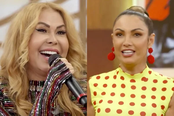À esquerda, Joelma aparece sorridente em participação no Encontro; à direita, Patrícia Poeta se exalta - Metrópoles
