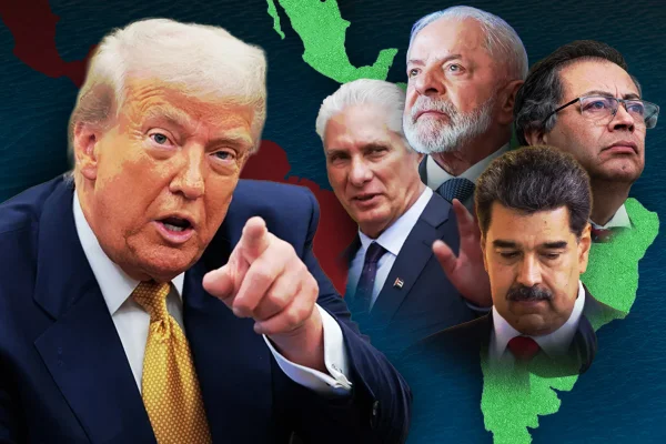 Imagem colorida de Donald Trump, Lula, Gustavo Petro, Nicolás Maduro e Miguel Díaz