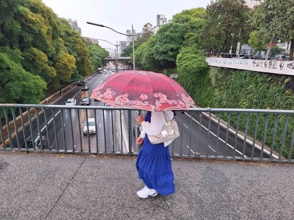 Imagem mostra mulher com guarda-chuva em viaduto - Metrópoles