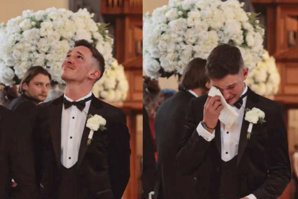 Montagem de duas imagens coloridas de noivo chorando em casamento