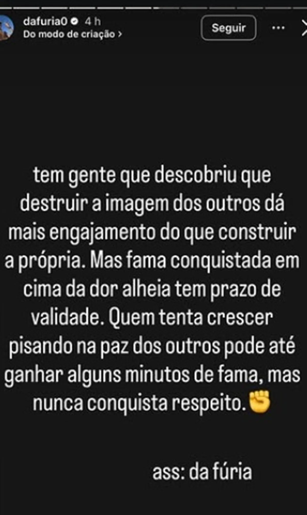 “Minutos de fama”, diz Da Fúria após influencer apontar traição - imagem 1 “Minutos de fama”, diz Da Fúria após influencer apontar traição - imagem 1