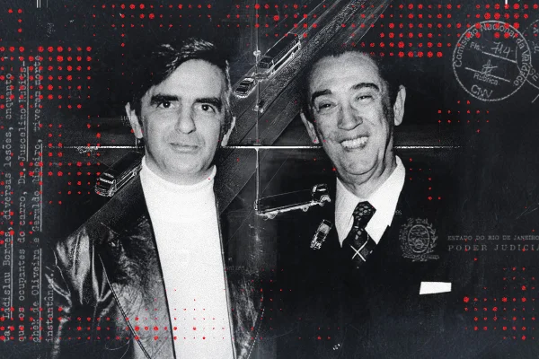 Ilustração sobre foto em preto e branco de Juscelino Kubitschek e seu assistente pessoal Serafim Melo Jardim