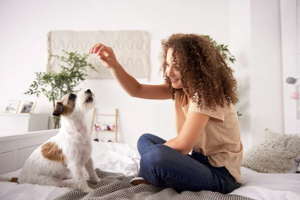 Foto colorida de mulher brincando com cachorro