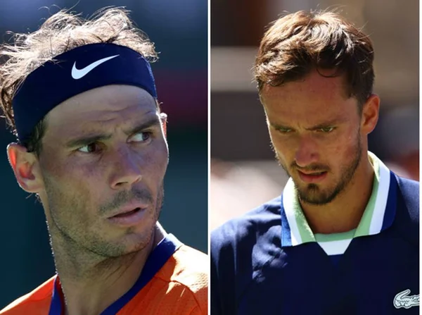 Rafael Nadal e Danil Medvedev em participação no Indian Wells nesta segunda-feira (14/3)