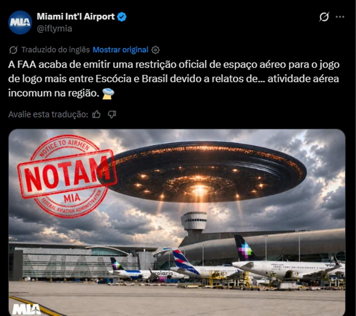 Aeroporto de Miami emite alerta a respeito de "atividade aérea incomum" no estádio onde será partida de Brasil x Escócia Aeroporto de Miami emite alerta a respeito de "atividade aérea incomum" no estádio onde será partida de Brasil x Escócia