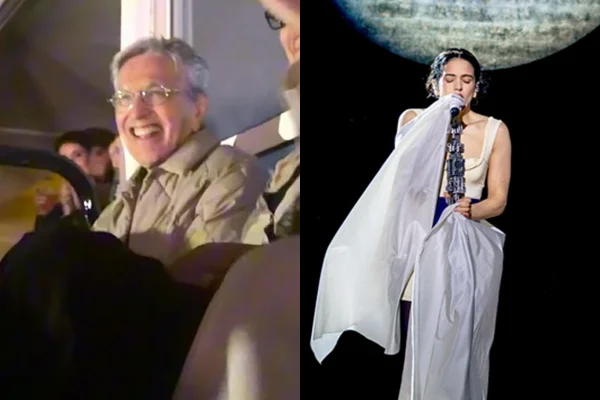 Montagem de imagens mostra Caetano Veloso no show de Rosalía (à esquerda) e Rosalía cantando no show (à direita) - Metrópoles
