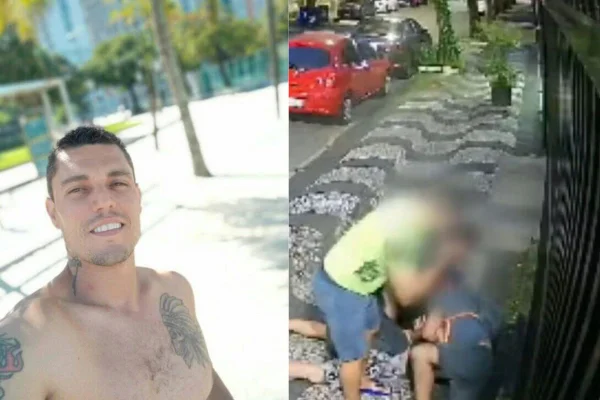 Imagens coloridas mostram montagem com metade sendo a foto de um homem jovem, sem camisa e tatuado no peito, e do outro lado, imagens de câmeras de segurança em que ele está sendo contido por homens em um surto psicótico